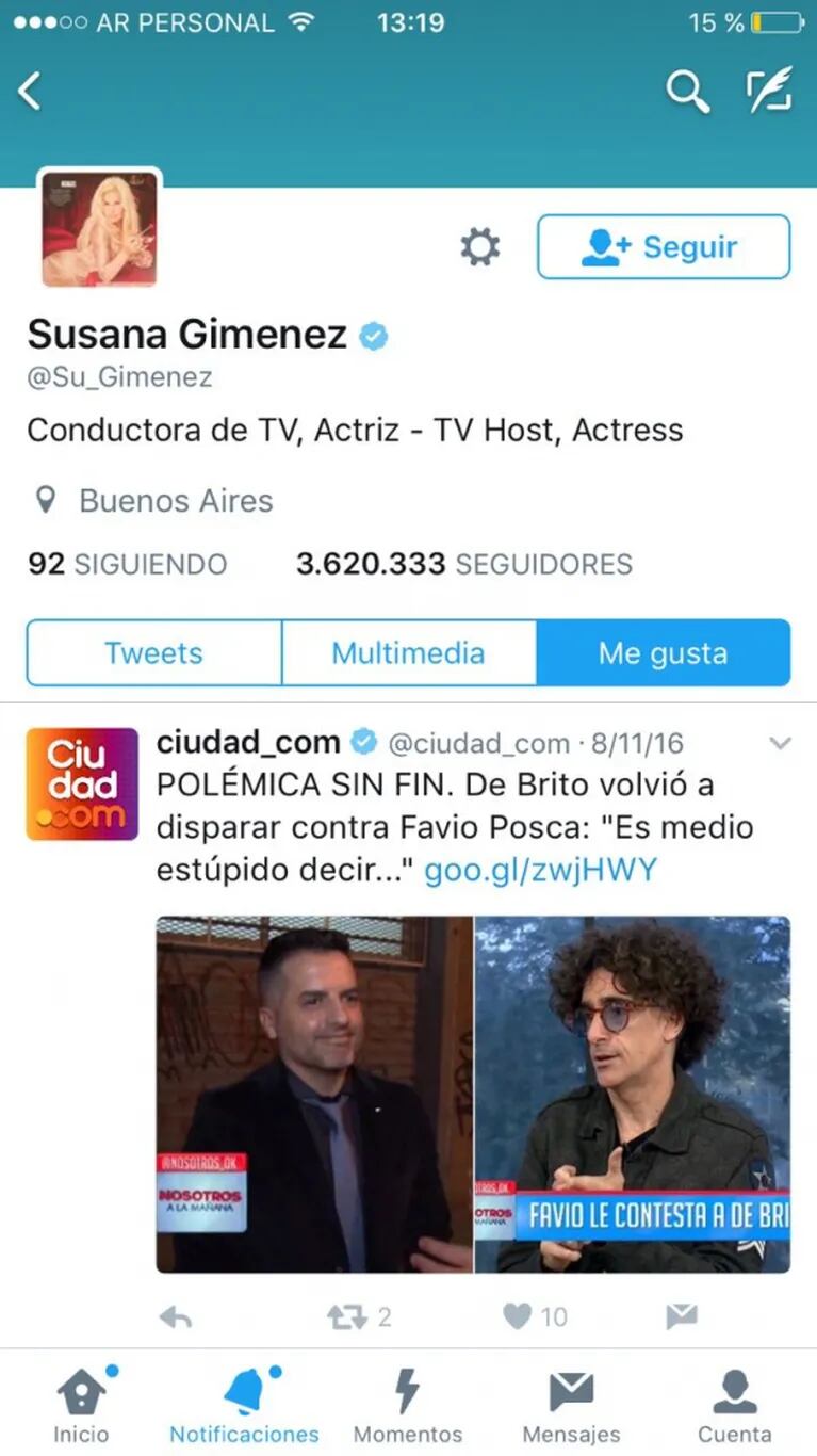 El picante "me gusta" de Susana Giménez bancando a Ángel de Brito contra Favio Posca