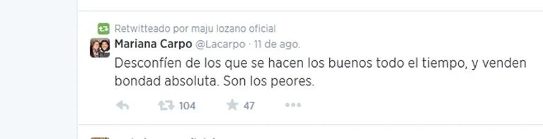 El sugestivo RT de Maju Lozano tras su pelea con Facundo Arana. (Foto: Twitter @Lacarpo)