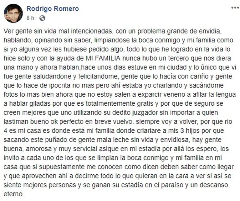 La furia de Rodrigo Romero, tras la escapada romántica junto a Jimena Barón en Brasil: "Salen a esparcir veneno"
