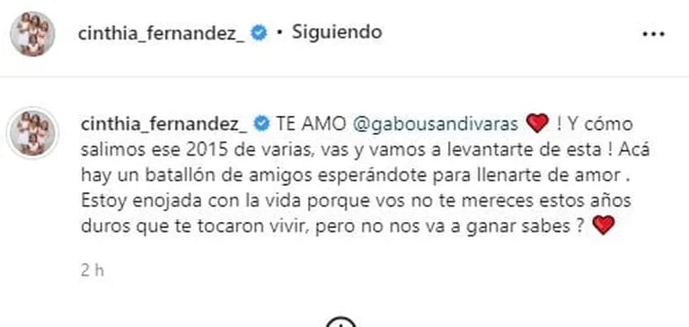 Emotivo posteo de Cinthia Fernández a Gabo Usandivaras por la muerte de su hermana: "Enojada con la vida"