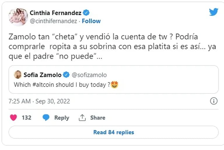 Cinthia Fernández fulminó a Sofía Zámolo por sus conflictos familiares: "Podría comprarle ropita a su sobrina"
