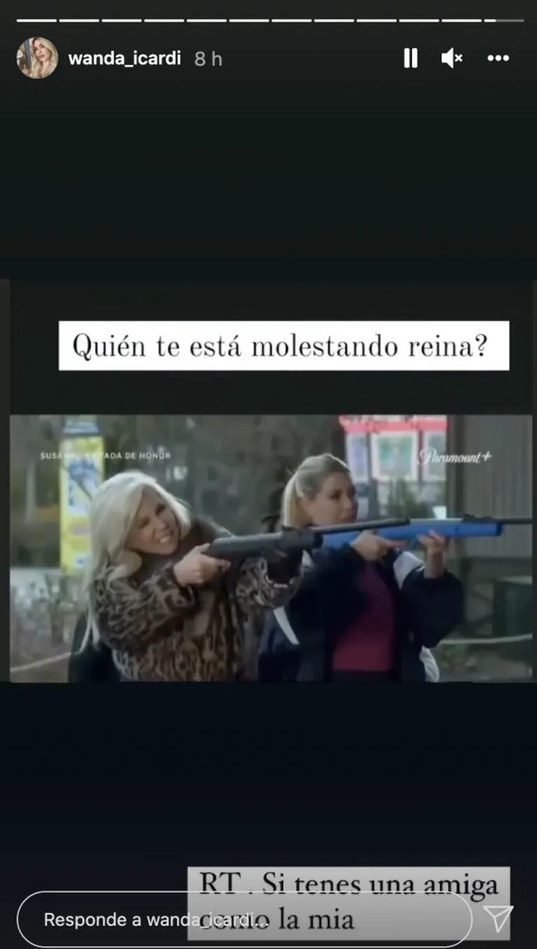 Wanda Nara compartió un meme de Susana Giménez usando un arma: "¿Quién te está molestando, reina?"