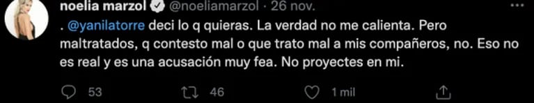 Filosos tweets de Noelia Marzol a Yanina Latorre tras sus críticas: "No te metas con mi trabajo ni con mi familia"