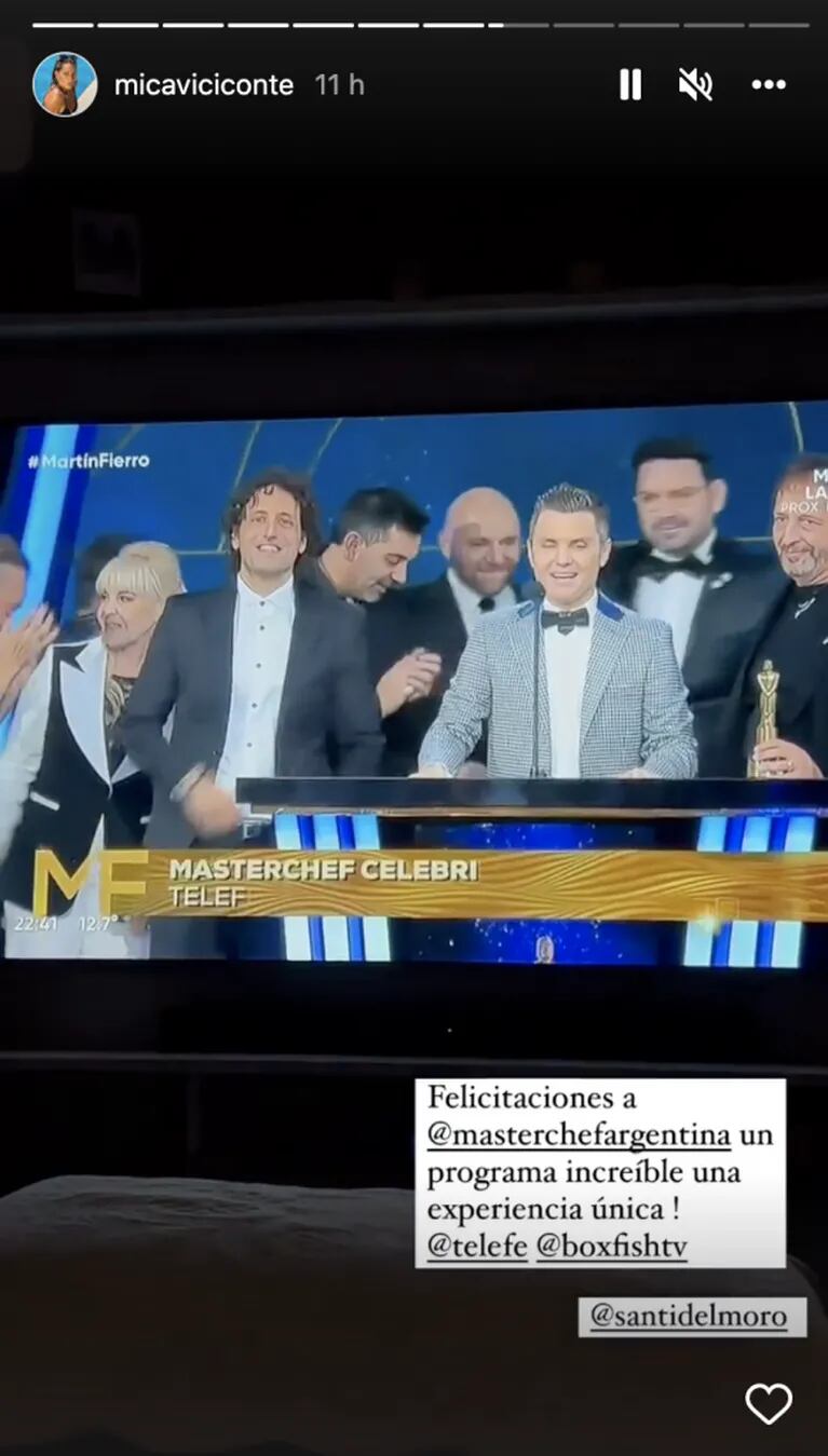 Mica Viciconte celebró junto a Luca Cubero el Martin Fierro a Masterchef Celebrity: "Los miramos desde casa"