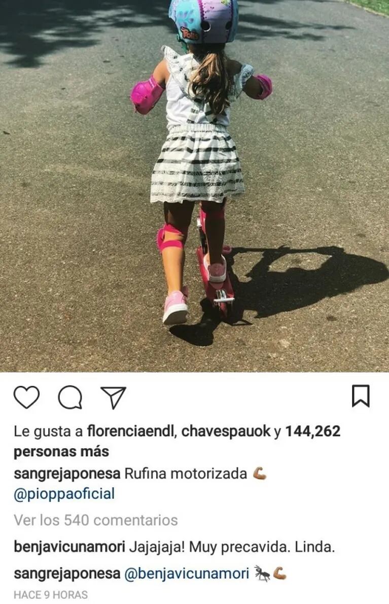 El tierno mensaje de Benjamín Vicuña a una foto de Rufina, la hija de la China Suárez: "Muy precavida, linda"
