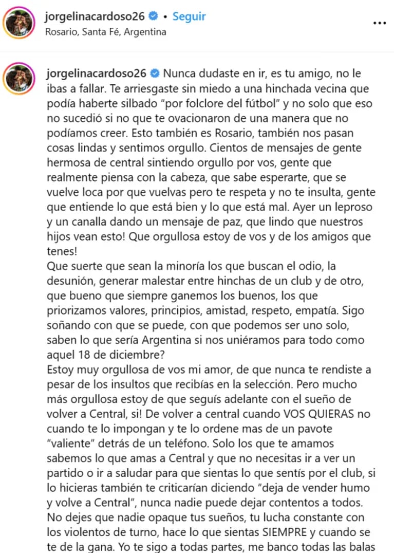  "Qué orgullosa estoy de vos y de los amigos que tenés": Jorgelina Cardoso defendió sin filtros a Ángel Di María