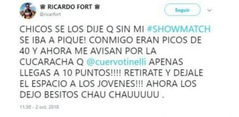 Hackearon la cuenta de Twitter de Ricardo Fort y lanzaron un picante tweet contra el Bailando