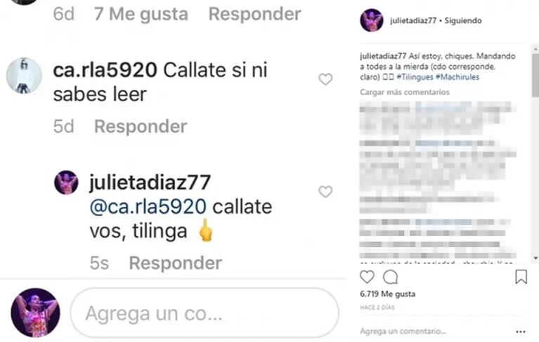 Julieta Díaz, sin filtro contra los usuarios que la agreden en Instagram: "Callate vos, tilinga"