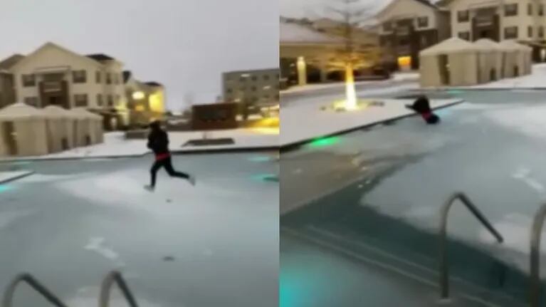 La monumental caída de un joven que intentó cruzar una piscina helada corriendo