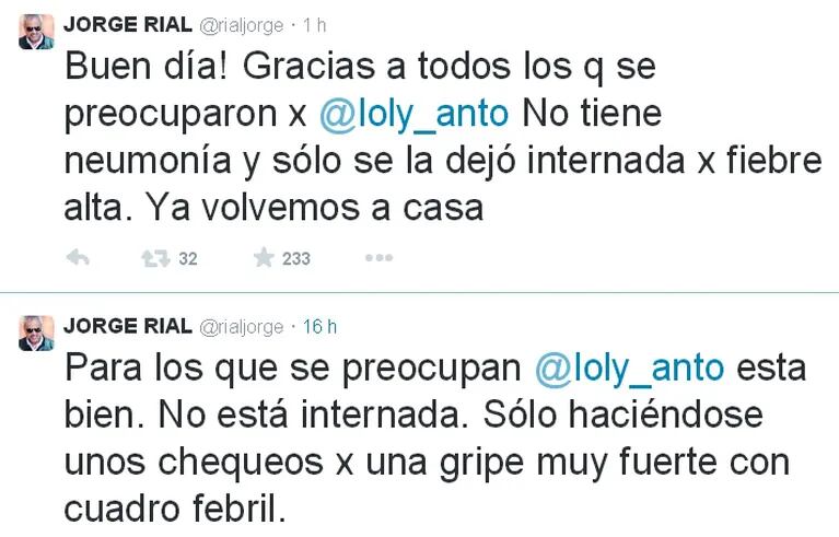 Loly Antoniale evoluciona bien luego de ser internada por fiebre alta: la palabra de Jorge Rial  (Foto: Twitter)