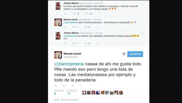 Jimena Barón y Wanda Nara tuvieron un divertido intercambio gastronómico en Twitter.