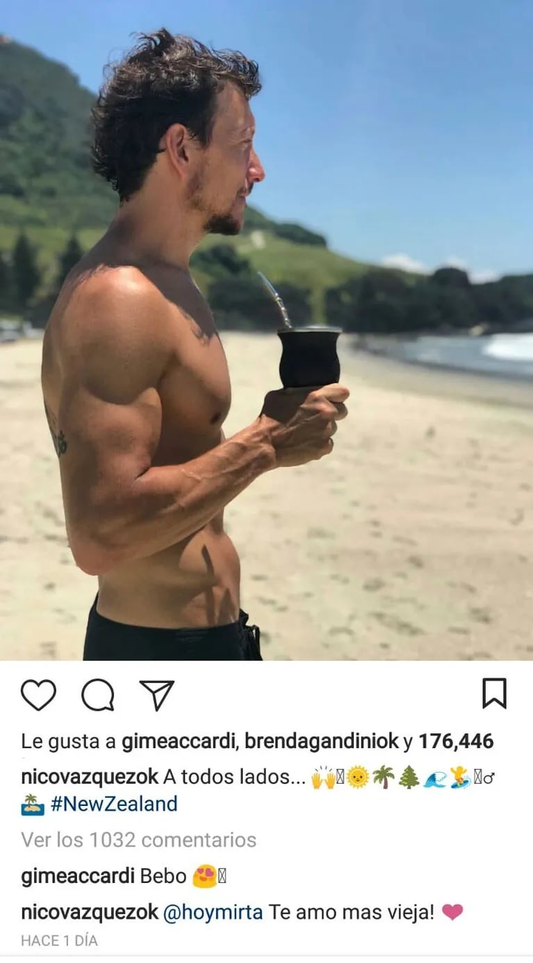 El lomazo de Nico Vázquez en las playas de Nueva Zelanda y el tierno piropo de Gimena Accardi: "Bebo"