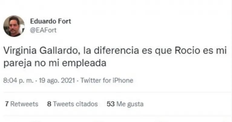 Escandaloso tweet de Eduardo Fort contra Virginia Gallardo: "Rocío Marengo es mi pareja, no mi empleada" 