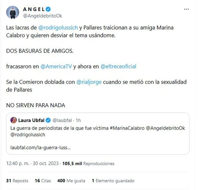 El posteo de Ángel de Brito contra Adrián Pallares y Rodrigo Lussich.