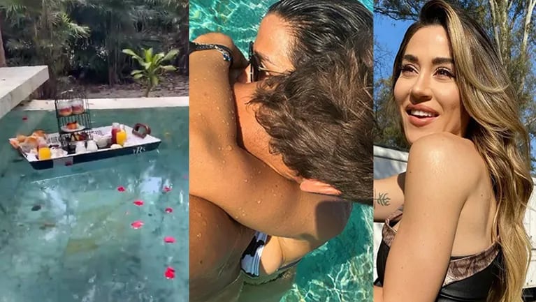 Jimena Barón disfrutó de un desayuno romántico en la piscina con su novio.