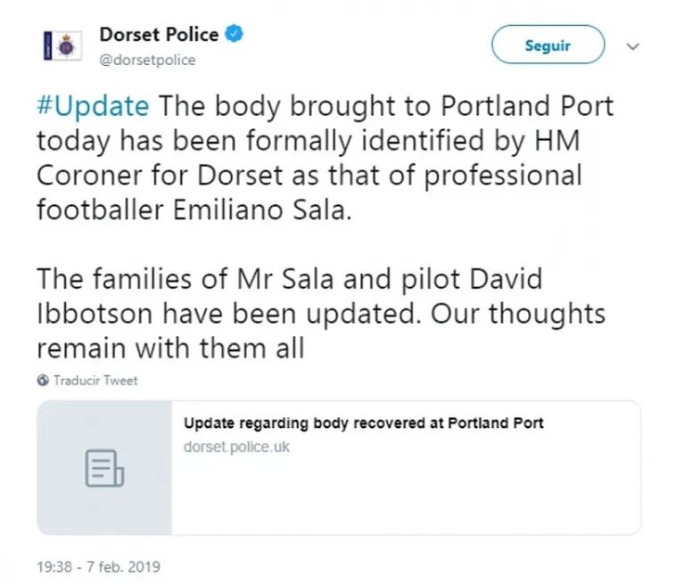 Confirman que el cuerpo encontrado en el avión es de Emiliano Sala