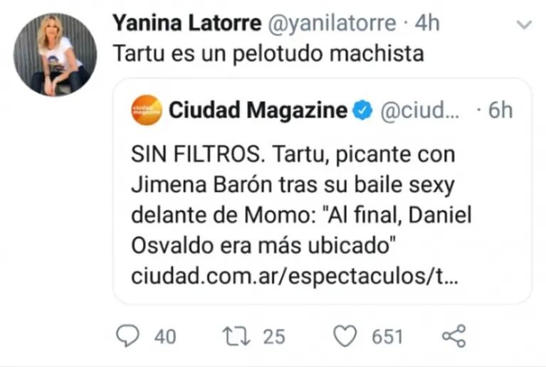 Yanina Latorre, durísima contra Tartu, tras su crítica a Jimena Barón por bailar sexy junto a Momo: "Es un pelotudo machista"