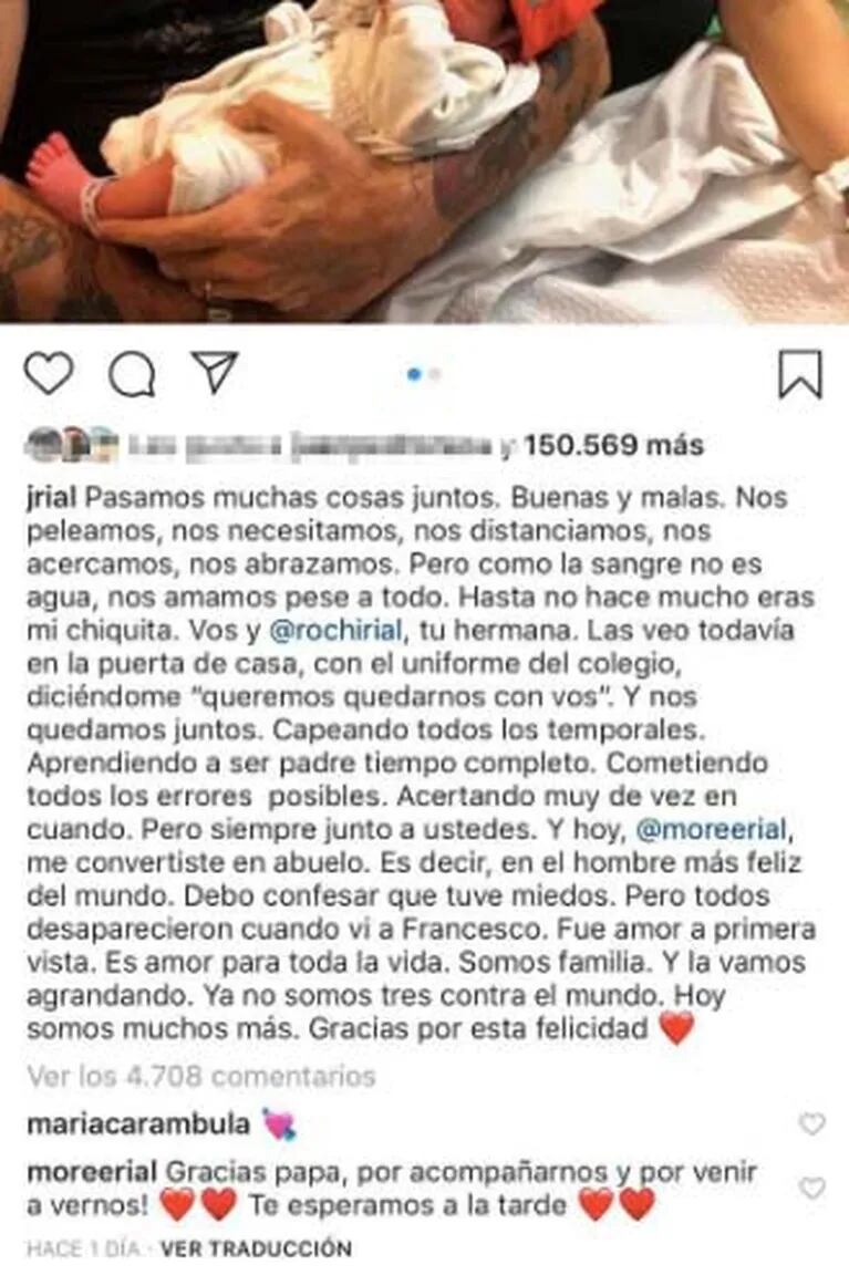 La respuesta de Morena a Jorge Rial tras el emotivo posteo del conductor sobre su nieto, Francesco Benicio