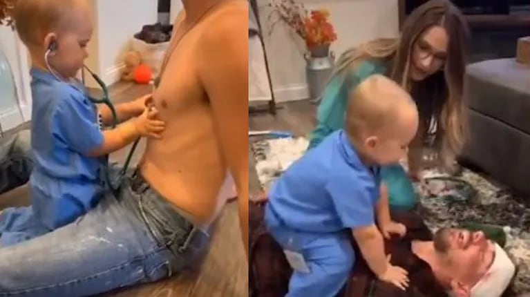 Este bebé disfrazado de médico examina y hace una maniobra de RCP a su padre