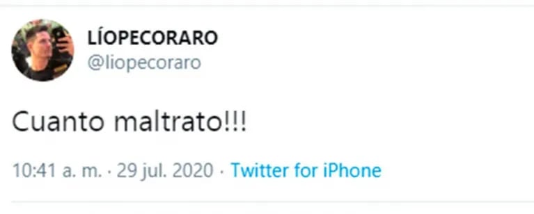 Fuertes tweets de Lío Pecoraro tras el feroz cruce de Susana Roccasalvo con Tomás Dente: "Maltrato y violencia"