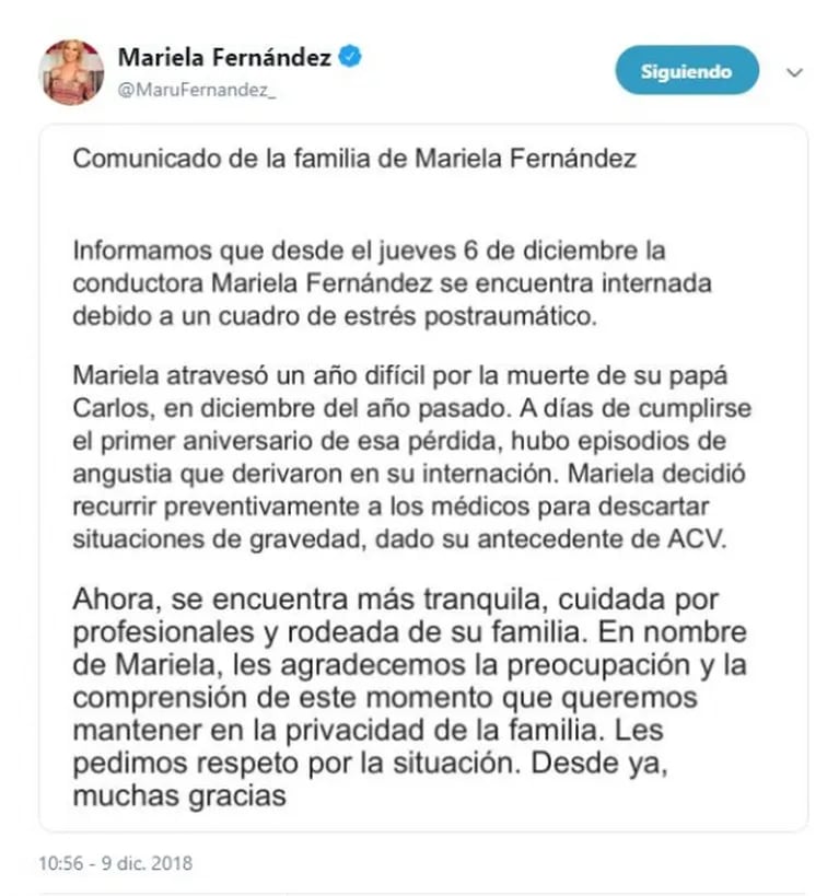 La periodista Mariela Fernández, internada por un cuadro de estrés postraumático: el comunicado de la familia