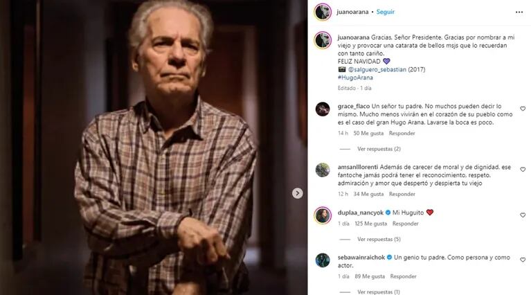 La filosa reacción del hijo de Hugo Arana ante los fuertes comentarios de Javier Milei contra su papá