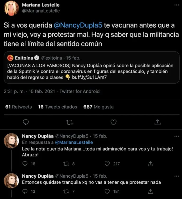 Filoso cruce entre Nancy Dupláa y Mariana Lestelle por las vacunas contra el covid a los famosos: "Si te vacunan a vos querida antes que a mi viejo, voy a protestar"