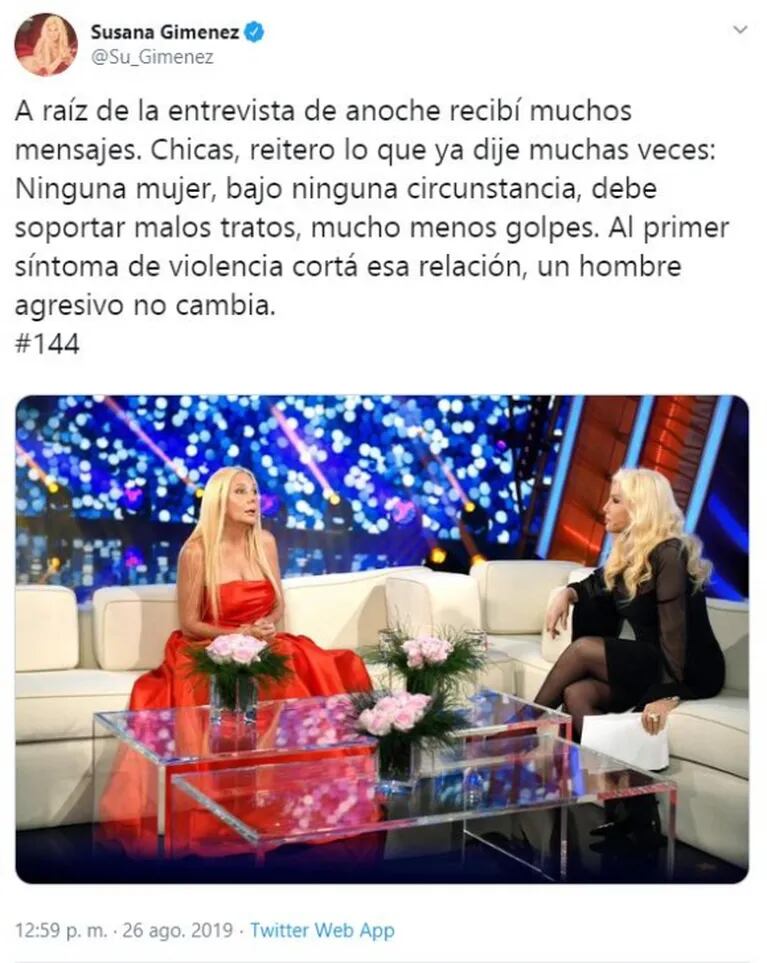 El tweet de Susana Giménez, tras la polémica entrevista a Mariana Nannis: "Ninguna mujer debe soportar golpes"