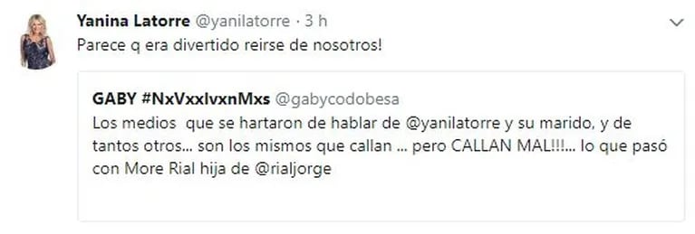 Picante tweet de Yanina Latorre sobre los escandalosos mensajes de Morena Rial