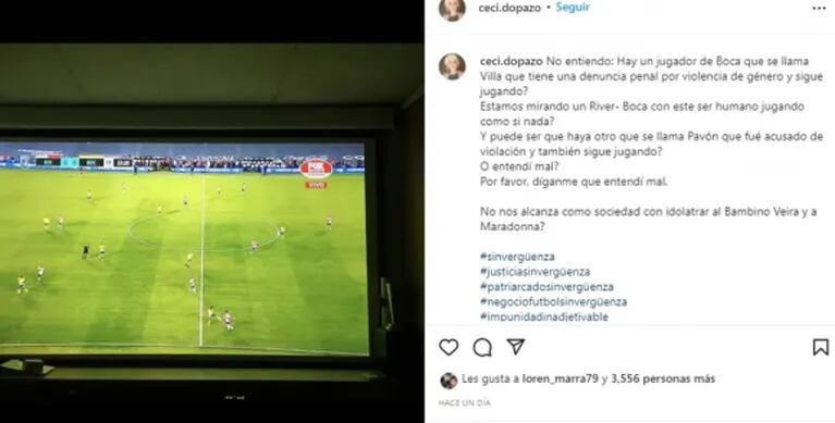 La indignación de Cecilia Dopazo por ver a Sebastián Villa en el Superclásico: "¿Tiene una denuncia penal y sigue jugando?"