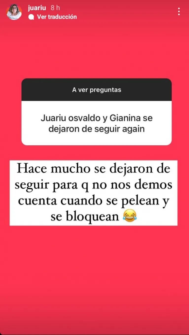 Juariu lanzó una picante teoría sobre por qué Gianinna Maradona y Daniel Osvaldo no se siguen en redes: "Para que no nos demos cuenta cuando se pelean"