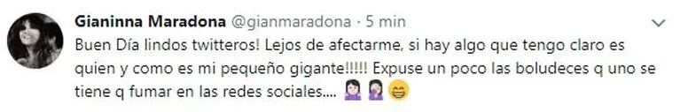 La respuesta Gianinna Maradona a un repulsivo mensaje de un seguidor a su hijo