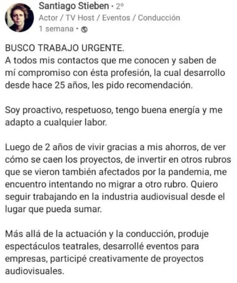 Santiago Stieben, el actor que brilló en Chiquititas como Roña, reveló su delicada situación económica por la pandemia: "Ya no tengo dinero"