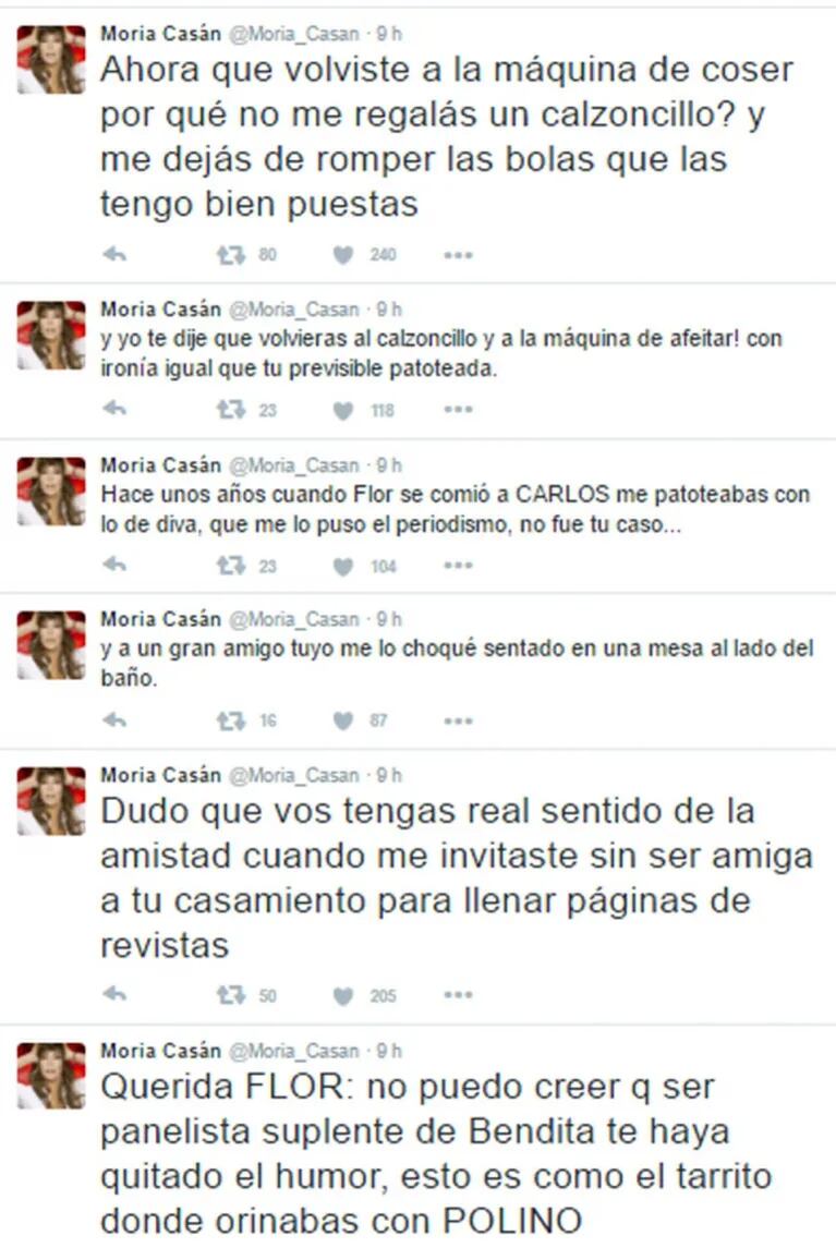 Furibunda catarata de tweets de Moria contra Flor de la Ve: "¿Por qué no me dejás de romper las bolas?"