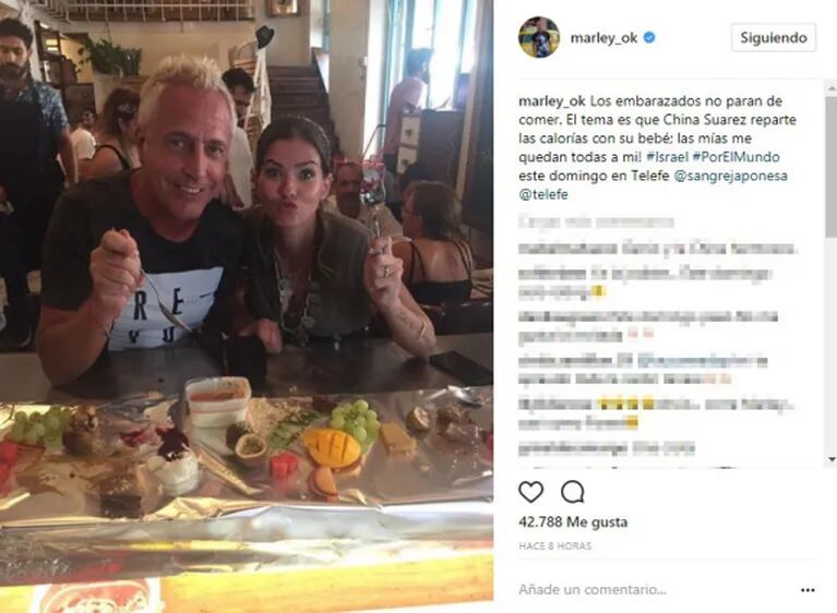La divertida foto de Marley con la China Suárez en Jerusalem: "Los embarazados no paran de comer... el tema es que ella reparte las calorías con su bebé; las mías me quedan todas a mí"