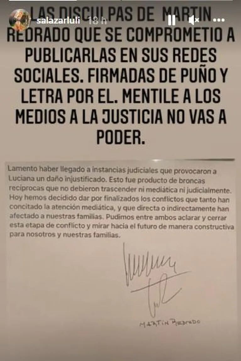 Fuerte acusación de Martín Redrado luego de que Luciana Salazar expusiera su pedido de disculpas: "No es mi firma"