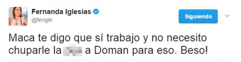 Escandalosos tweets de Fernanda Iglesias contra la novia de Fabián Doman... ¡y picante respuesta de Macarena Rawson Paz en vivo!
