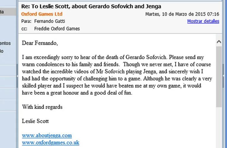 El correo electrónico de Leslie Scott en el que conmemora a Gerardo Sofovich. (Foto: captura de pantalla)