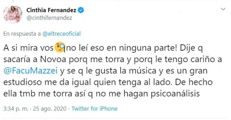 Cinthia Fernández, tras su tweet sobre la salida de Agustina Agazzani de Cantando 2020: "Ella también me torra"