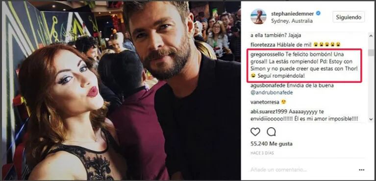Stephanie Demner se sacó una selfie con Thor y Grego Rossello marcó la cancha: "El que tiene que subir la foto es él, ¡por estar al lado de semejante bomba!"