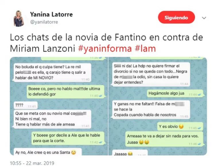 Yanina Latorre publicó supuestos chats de la novia de Fantino destrozando a Miriam Lanzoni y Coni Mosqueira los negó: "No es mi manera de hablar"
