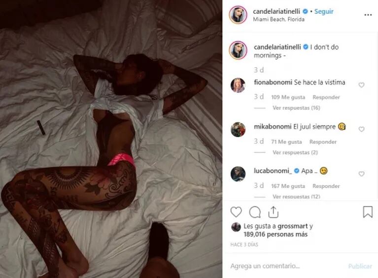 La foto sexy de Candelaria Tinelli en la cama ¡que comentó toda la familia de su novio!
