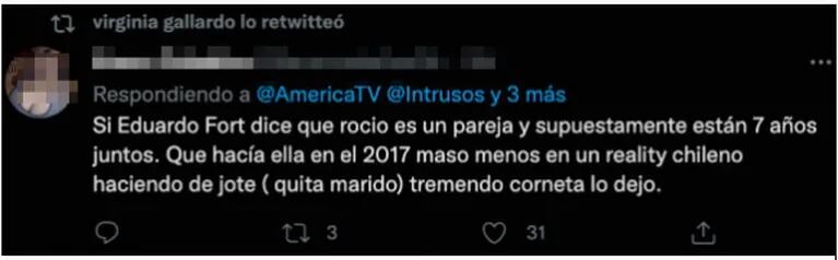 Escandaloso retweet de Virginia Gallardo contra Rocío Marengo y Eduardo Fort: "Tremendo corneta"