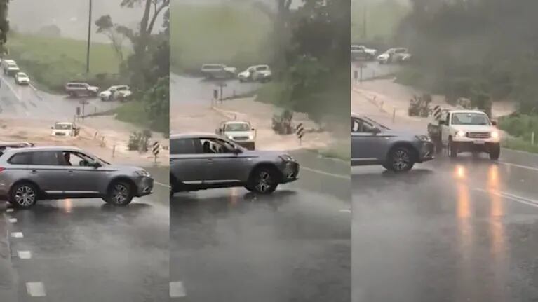 Esta camioneta casi pierde el control en carretera tratando de pasar por un tramo inundado