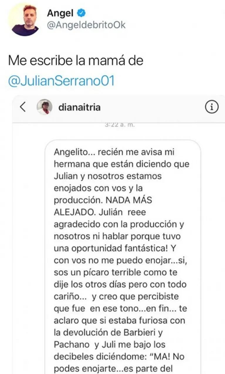 Ángel De Brito mostró el mensaje de la mamá de Julián Serrano, tras contar un affaire con Sofi Morandi