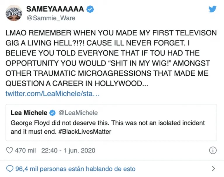 Lea Michele se pronunció en contra del racismo y una ex Glee la cruzó: "Hiciste de mi aparición un infierno”