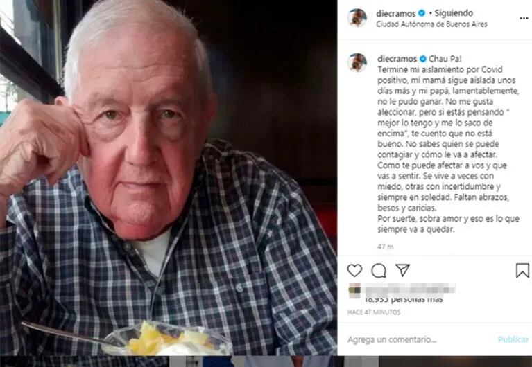 El desgarrador posteo de Diego Ramos por la muerte de su papá por Covid: "No le pudo ganar"