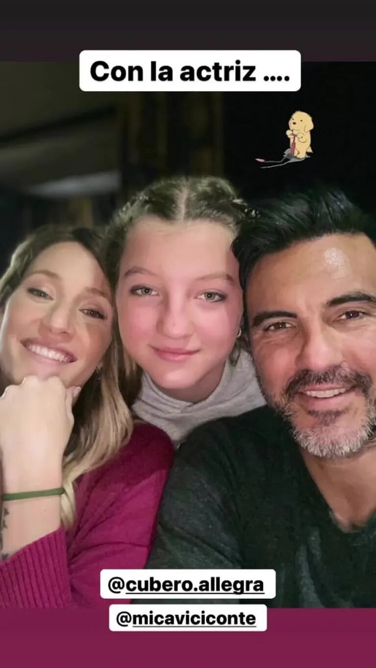 Fabián Cubero y Mica Viciconte alentaron con Luca a Allegra en su debut como actriz: "Hoy la rompés toda"