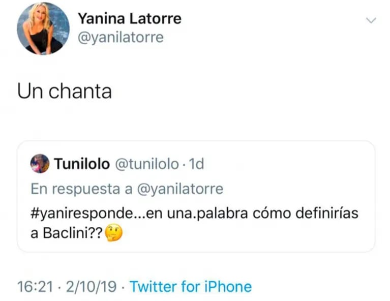 Yanina Latorre y una tremenda definición sobre Martín Baclini: "Es un chanta"
