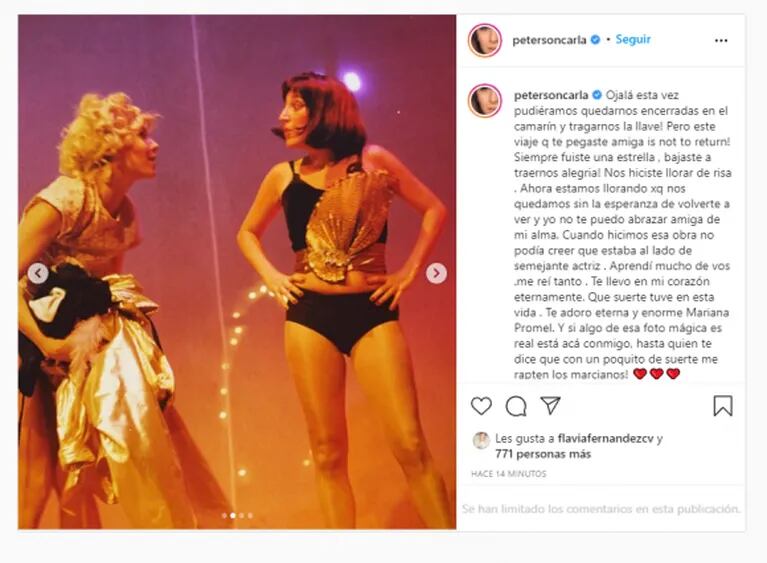 Carla Peterson despidió con dolor a Mariana Prommel, su compañera en Los exitosos Pells: "No te puedo abrazar, amiga de mi alma"